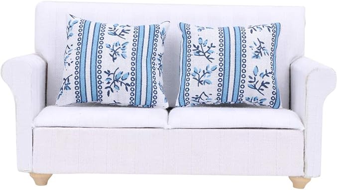 Dollhouse Sofa,1:12 Simulation Miniature Furniture White Sofa with Back Cushions Model Toy for Fairy Gardens Dollhouse Living Room Scene Decoration Accessories(2 Seat Sofa)