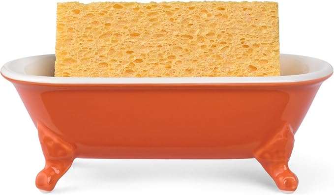 NEWHENGS 6.5" Ceramic Mini Decorative Clawfoot Bathtub Bar Soap Dish, Kitchen Sponge Holder and Shower Tray for Bathroom, 1 Pack(Dark Orange)