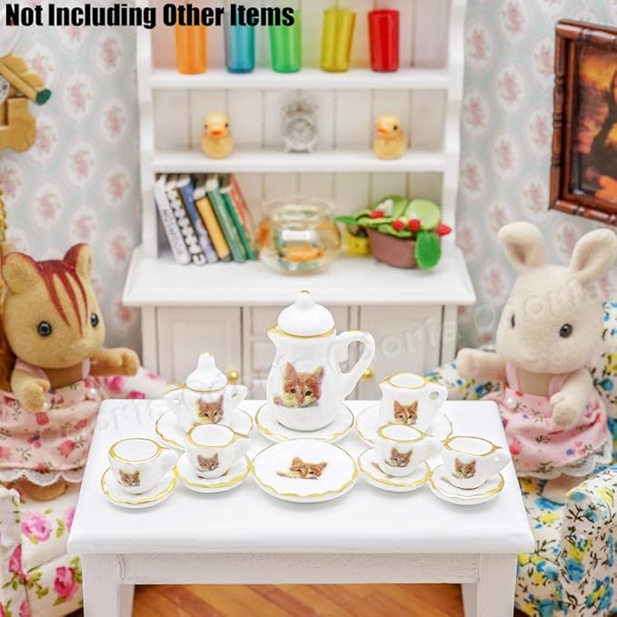 Odoria 1/12 Miniature Porcelain Tea Set 15Pcs Dollhouse Decoration Accessories, Cat