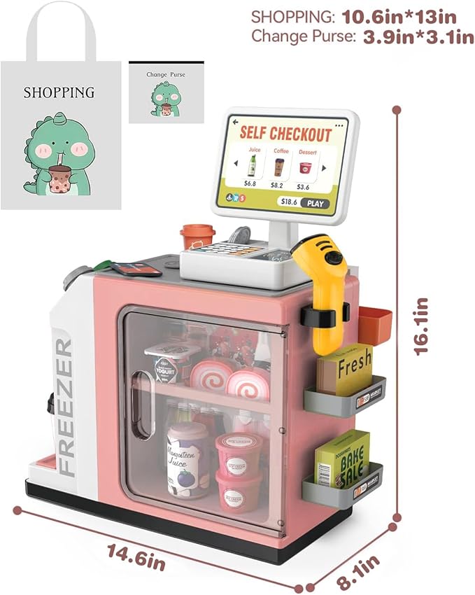 Cash Register Playset for Kids - 48PCS with Toy Coffee Machine,Pretend Play Money, Calculator, Scanner, Credit Card and Play Food for Boys and Girls！
