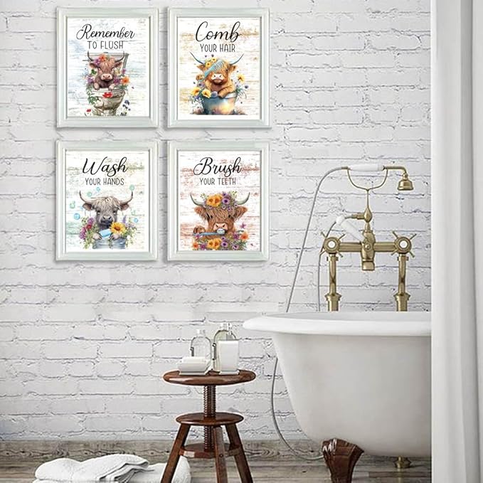 Funny Highland Cow Bathroom Rules Vintage Bathroom Wall Decor Set of 4(8"x10")Unframed, Wooden Rustic Bathroom Decor Wall Art Highland Cow Bathroom Signs Pictures Hanging Decorations for Farmhouse