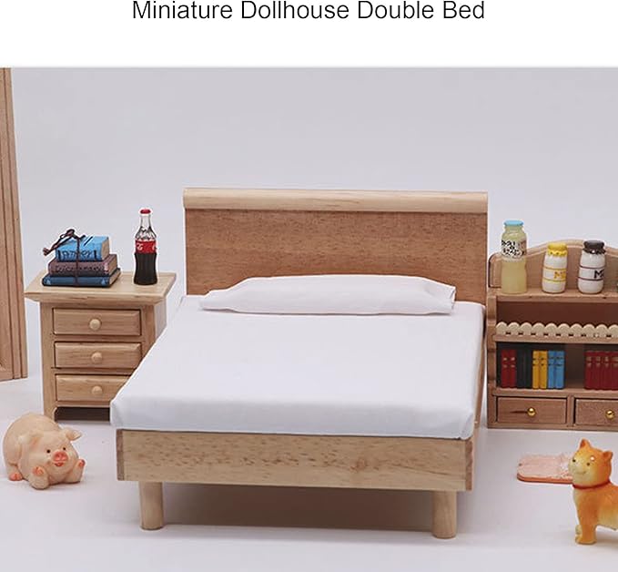 Dollhouse Double Bed, Wooden Frame Oak Miniature Furniture, Decorative Pillow Plush Toy Pillows, Miniature Bedroom Furniture for 1/12 Scale Dollhouse