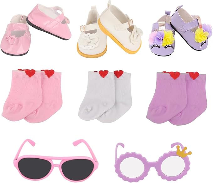 MSYO 18 Inch Doll Shoes & Accessories Set (8-Piece Bundle)-3 Pairs Shoes + 3 Socks + 2 Glasses,Dress-Up Kit for 18 Inch Dolls,Girls Birthday Gift,Bulk Crafts & Playtime Accessories