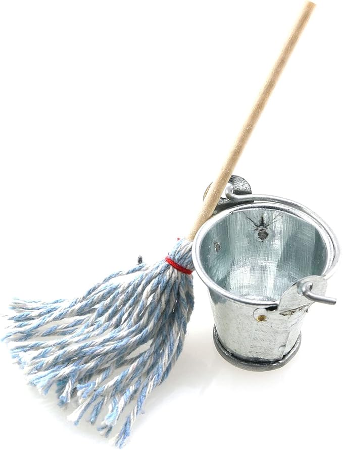 TAODAN Mini Cleaning SetFloor Mop with Galvanized Bucket 1Set Miniature 1:12 Scale Fairy Garden Furniture Retro Vintage Mop with Bucket Dollhouse Miniature Doll Furniture Accessories Gifts