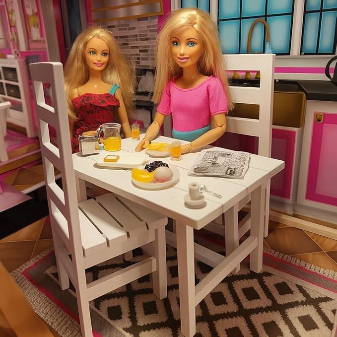 1/6 Scale Wooden Dollhouse Furniture Set – Fits 12in Dolls – White Miniature Square Table & 2 Chairs (3PCS) Furnishings Model Toy for Decor Doll Living Room– Not Full-Size Furniture