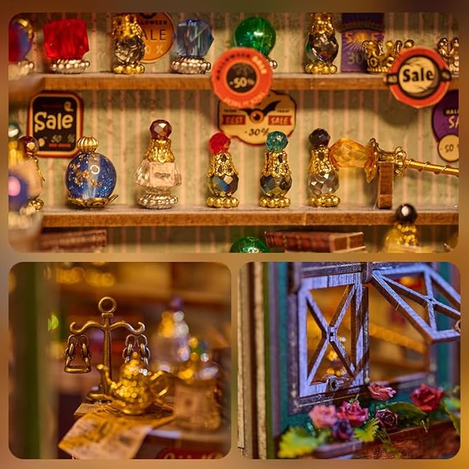 Magic Shop Miniature House Kit,DIY Miniature Dollhouse Kit with LED & Furniture,Mini Diorama House Building Kit for Adults,Tiny House Mini Model Kit Wooden Crafts,Bookshelf & Home Decor Gifts