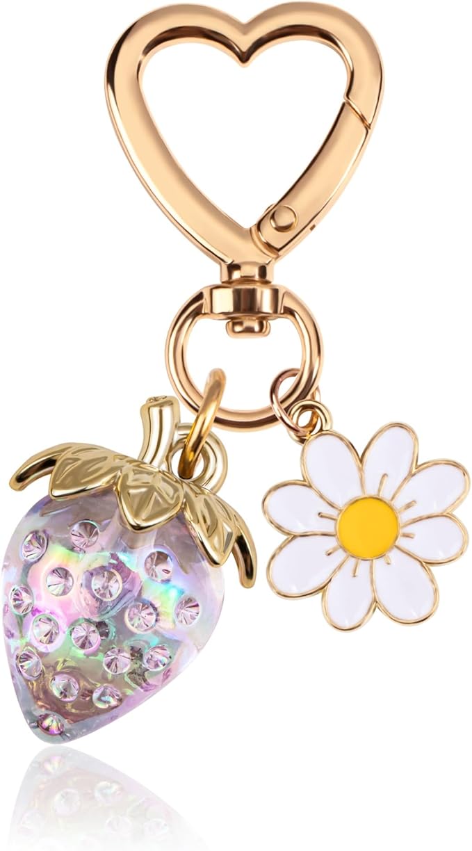 Wikavanli Cute Strawberry Keychain,Bag Charms,Kawaii Heart Flower Daisy Key chains Accessories Decor for Women Girls Purse