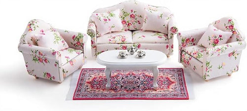 1:12 Dollhouse Couch Furniture Set, 16Pcs Wooden Miniature Sofa Set, Dollhouse White Fabric Printed Double & Single Sofa with Pillow and Living Room Accessories