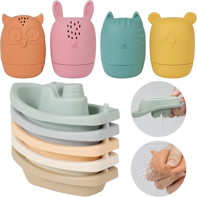 HYSZXUS Bath Toys Floating Boats with Silicone Bathtub Toy,9 PCS Mold Free Baby Bath Toys for Infants 6-12-18 Months,Water Table Toy for Toddlers 1-3,Shower Toys Pool Toys for 1 2 3 4 Boys Girls Kids