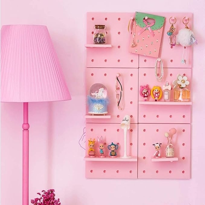 HGYZE Peg Boards for Walls with Shelf & Hooks, No Punching Craft Room Storage for Bedroom Garage Living Room Office, Pegboard Ledges Organizer, 4 Pack Decorative Wall Panel Kits for Blindboxes (Pink)