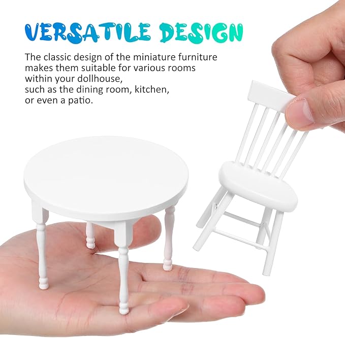 Vaguelly 1 Set Dollhouse Dining Table and 2 Chairs,1/12 Scale Miniature Table Chair Set,Wooden Dollhouse Kitchen Furnitures Miniature Chairs and
