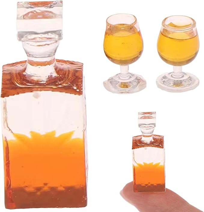Nicedeal Miniature Bottles, Realistic Dollhouse Whiskey Bottle, Mini Alcohol Bottles, Resin Mini Wine Bottles with 2 Cups Decorative 1 12 Scale Dollhouse Accessories