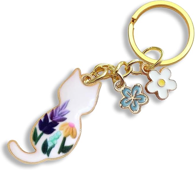 Agromusk Cute Cat Keychain, Enamel Flower Keyring Japanese Decor for Garden Cat Lovers, Kawaii Bag Charm With Sakura Flowers