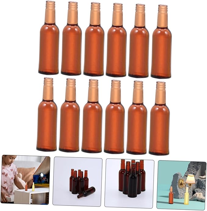 FUNNETOYU 12pcs Mini Beer Bottles Dollhouse Miniatures Wine Bottle Toys for Kitchen Scene Decor