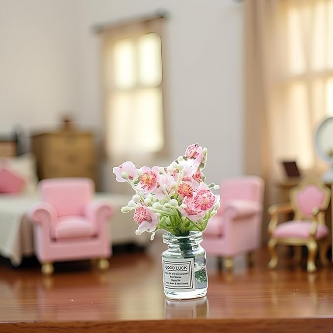Miniature Flowers in Vase Set - 1:6 Scale Dollhouse Décor with Realistic Details, Tiny Floral Arrangements for Micro Landscape, Train Platform and Fairy Garden Accessories (Pink)