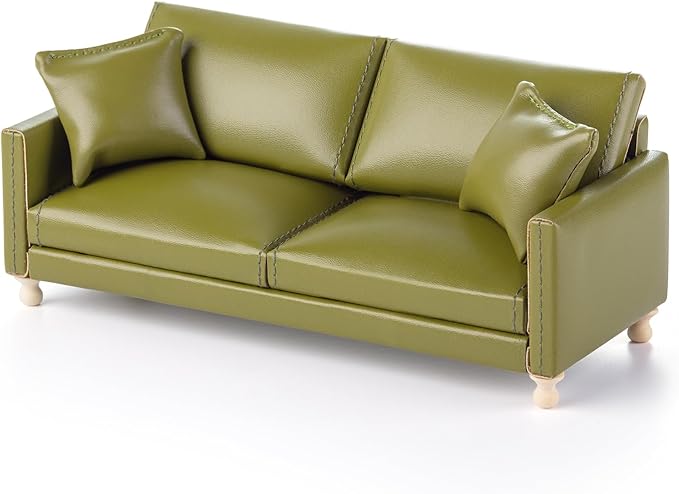1:12 Dollhouse Leather Couch, Miniature Modern Double Sofa with Pillows, Dollhouse Luxury Couch Furniture Accessories for Living Room Bedroom (Green)