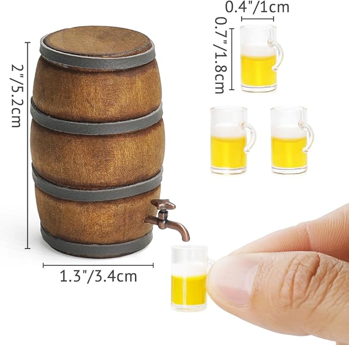 Odoria Dollhouse Beer Barrel and Mugs: 5Pcs 1/12 Scale Miniature Whiskey Aging Barrels for Rustic Garden Farmhouse Vintage Restaurant Bar Kitchen - Mini Drinking Liquor Alcohol Props DIY for Craft