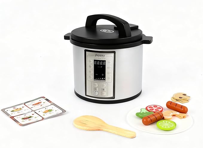 15-PCs Wooden Air Fryer/18-PCs Pressure Cooker Playset for Kids Pretend Cooking Toy with Food Accessories Utensils Montessori Kitchen Role Play (Pressure Cooker)
