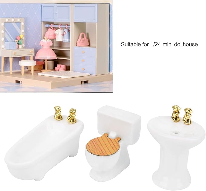 1/24 Scale Simulation Ceramic Dollhouse Miniature Bathroom Set 3 Colors Bathtub Toilet Sink (Pure White)