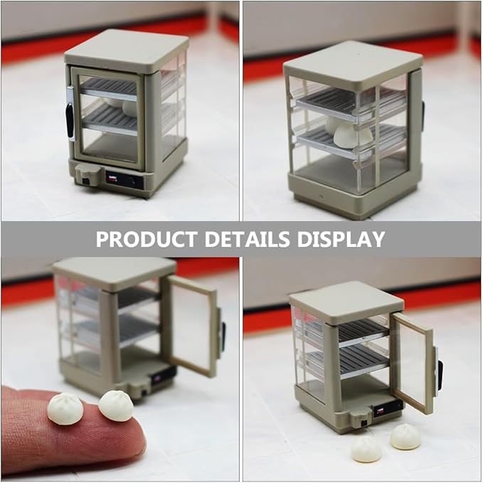 LOGOFUN Miniature Bakery Case Dollhouse 1:12 Scale Mini Insulated Cabinet with Mini Steamed Stuffed Buns Model for Dollhouse Bread Shop Accessories