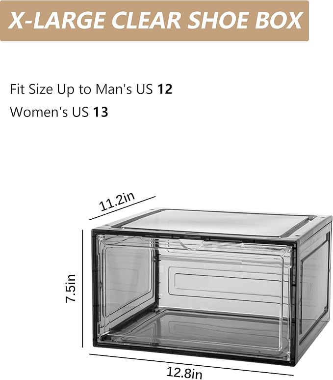 Clear Shoe Box Plastic Stackable Upgraded 6 Pack Shoe Storage Box Organizer with Clear Large Magnetic Door for Display Sneakers Easy Assembly, White