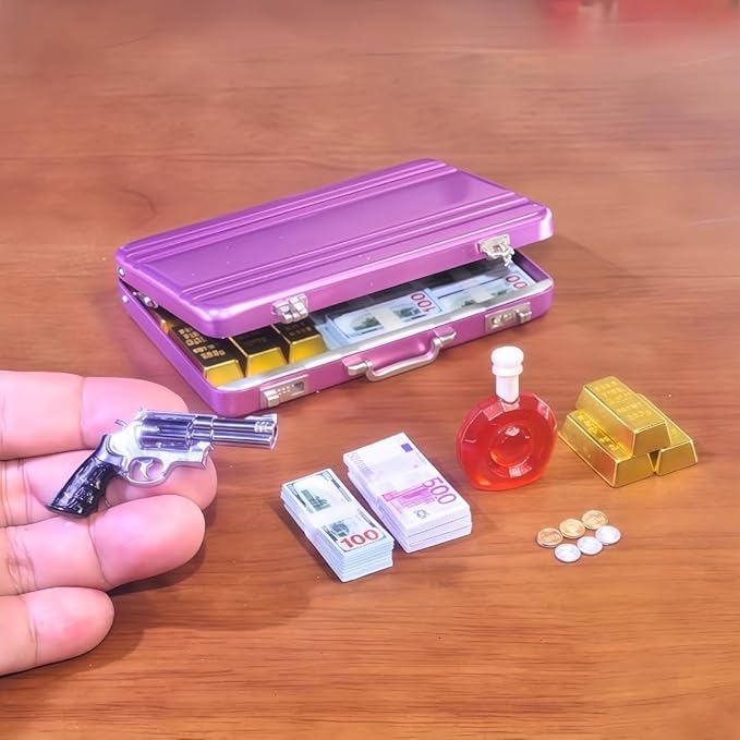 1:6 Scale Miniature Briefcase Set - Includes Fake Gold Bars, Bundles of $100 Mini Dollar Bills, Vintage Coins and Mini Weapons - Unique Adult NoveltyToy & Dollhouse Accessories (Pink)