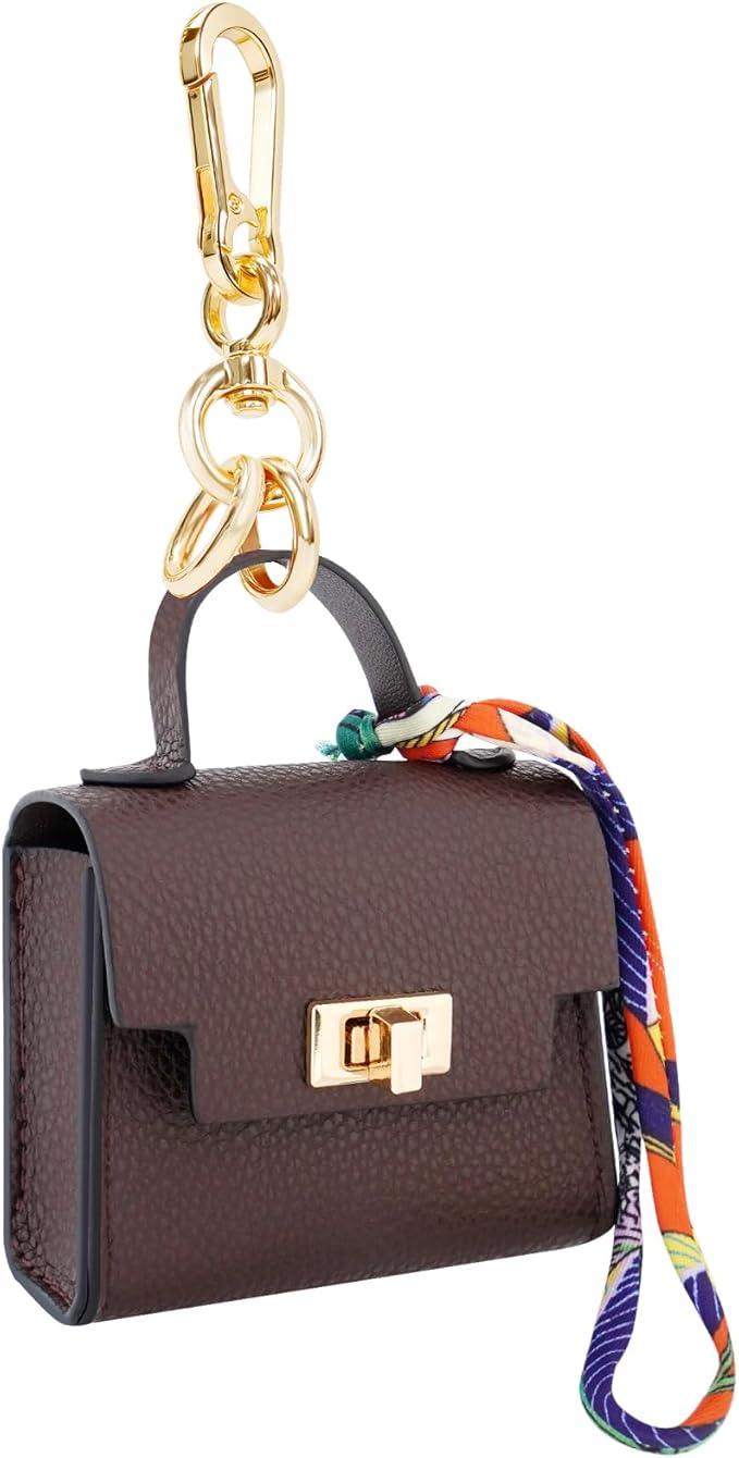 FENHIN Mini Backpack Keychain, Leather Small Coin Purse for Women, Cute Hand Bag Charms with Key Holder & Twist-lock (Brown)