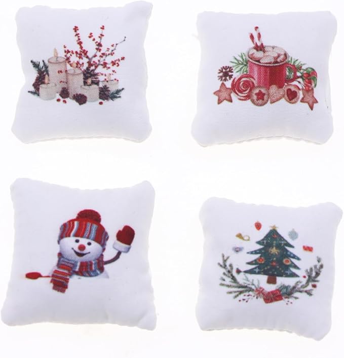 4PCS Miniature Dollhouse Christmas Pillow with Christmas Tree Snowman Cookies Candles Pattern 1/12 Miniature Sofa Throw Pillow for Dollhouse Sofa Bed Decorations