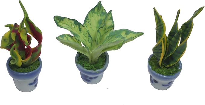 3 Pieces 1:12 Dollhouse Miniature Artificial Flower Plants in Ceramic Pot, Codiaeum Variegatum,Aglaonema,Sansevieria Dollhouse Accessories for Collectibles and Home Decoration