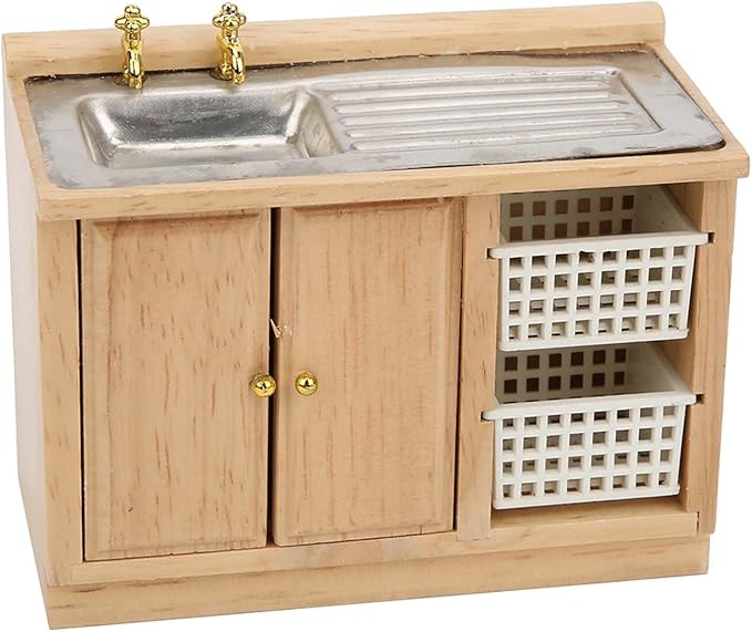 Dollhouse Miniature Furniture, 1:12 Scale Wooden Kitchen Dish Washing Table with Baskets for Doll House Accessories Decoration