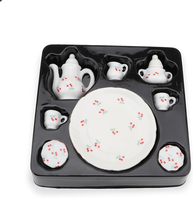 Dollhouse 1:6 Porcelain Tea Cup Sets 8 Pcs Set Miniature Ceramics Dollhouse Accessories Flower Pattern Teapot Platter Dish Sets Dollhouse Kitchen Supplies Decoration (Cherry)