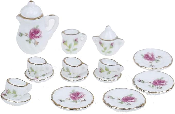 15 Pcs 1:12 Dollhouse Dining Ware Miniature Dish Cup Plate Pink Rose Chintz with Golden Trim Tableware Porcelain Ceramic Coffee Tea Cups Set,Dollhouse Decoration Kitchen Accessories