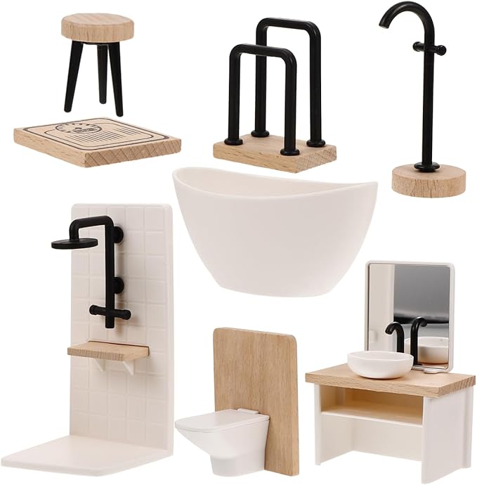 BESPORTBLE 8 Pcs Miniature Dollhouse Furniture 1 12 Scale Bathroom Accessories Set Including Shower Toilet Bathtub Basin Cabinet for Dollhouse Decoration
