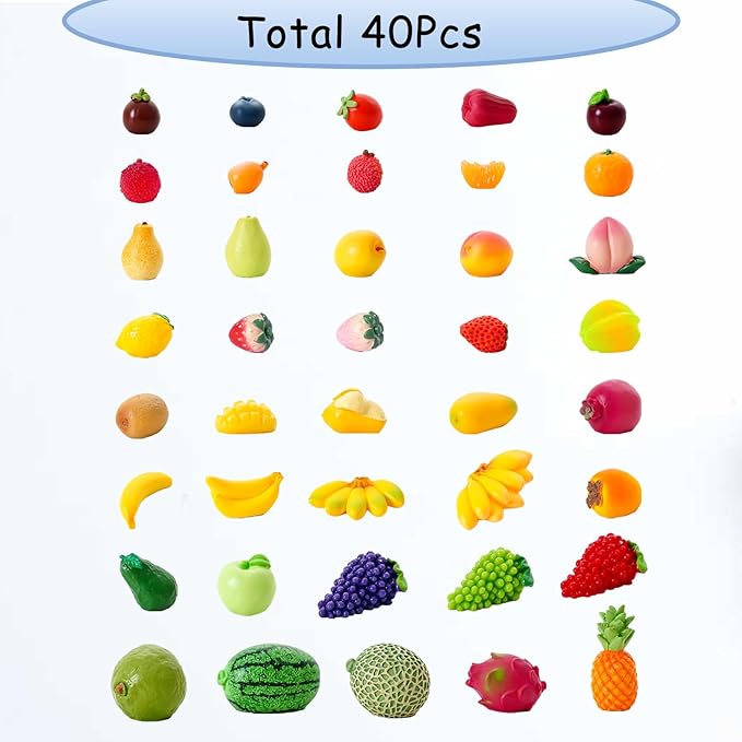 40Pcs Mini Resin Fruit, Miniature Fruits Figures, Fake Pineapple Strawberry Banana Lemon Peach Fruit Decorations for Mini Home Kitchen, Garden, Holiday Decoration, Cake Decoration