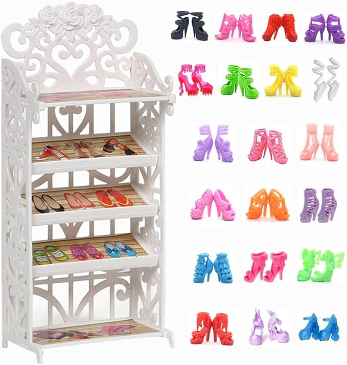 1 Doll Shoes Rack + 20 Pairs Doll Shoes Different Assorted Colors High Heel Shoes Doll Boots Flat Shoes Set Replacement for 11.5 inch Doll (Doll Rack & Shoes)