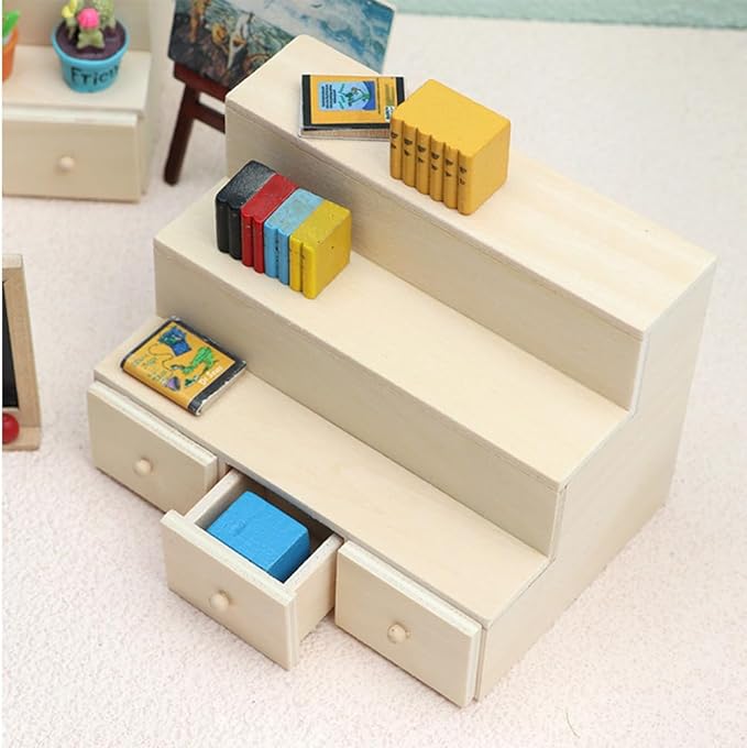 LOGOFUN 2Pcs Miniature Wooden Shelf 1:12 Scale Fruit Vegetable Rack Mini Wood Drawer Shelf Model Dollhouse Furniture Decoration Accessories