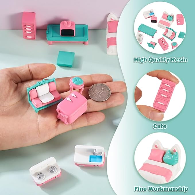 11Pcs Plastic Mini Furniture Decoration Set Dollhouse Miniature Furniture Assorted Mini Model Decorations Doll House Micro Landscape Accessories Decoration Tiny Furnitures Ornament