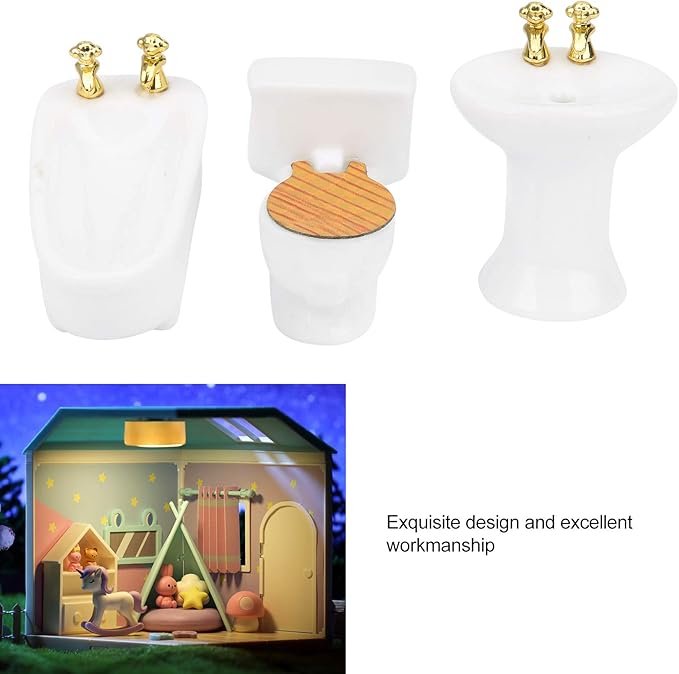 1/24 Scale Simulation Ceramic Dollhouse Miniature Bathroom Set 3 Colors Bathtub Toilet Sink (Pure White)