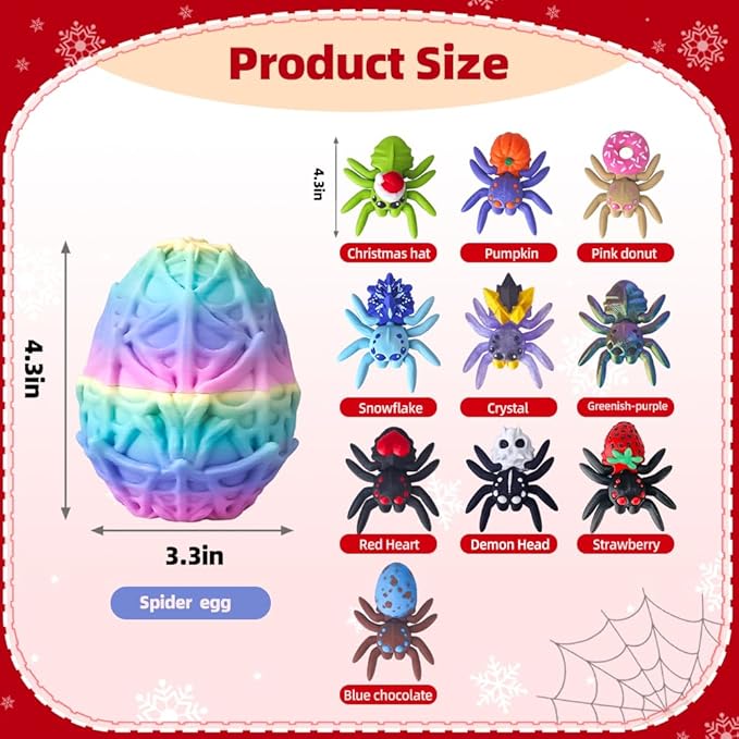3D Printed Dragon Egg with 10 Unique Spiders, 3D Printed Animals Toys,Stocking Stuffers,Surprise Spider Fidget Toy Set for Party Favors (Rainbow)