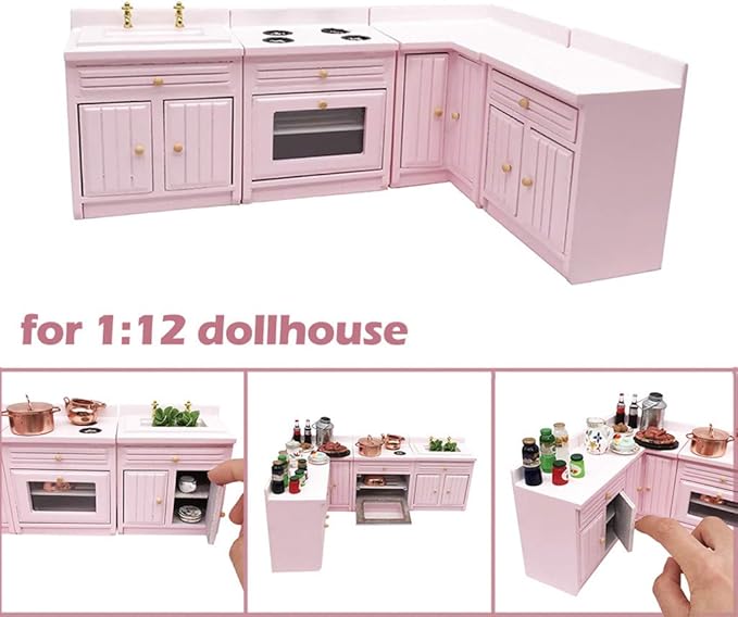 SXFSE Dollhouse Decoration Accessories,1:12 Dollhouse Miniature Furniture Wooden Kitchen Cabinet Set Freely Combined (Pink)
