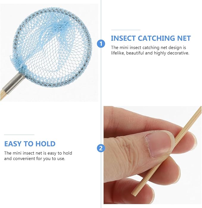 Miniature Fishing Net Set - 4pcs Mini Fishing Nets Butterfly Insect 1/12 Dollhouse Decor Accessories Realistic Mini Fish Props for Elf, Micro Landscape Decor Photography Props Cake Topper DIY Craft