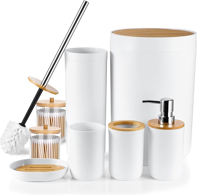 OTOSTAR Bathroom Accessories Set 8-Piece Bamboo Gift Set Bathroom Accessory Set with Trash Can 2 Qtip Holder Jars Soap Dispenser Toothbrush Holder Tumbler Cup Soap Dish Toilet Brush Holder (White)