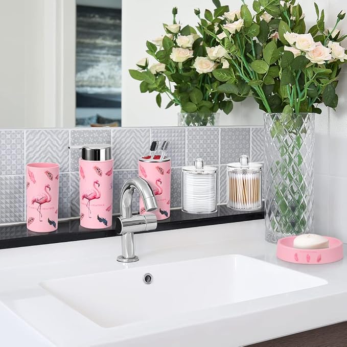 OTOSTAR Bathroom Accessory Set 8 Pcs Pink Flamingos Bathroom Accessories Set Bathroom Set with Trash Can Soap Dispenser Toothbrush Holder Tumbler Soap Dish Toilet Brush Holder Qtip Holder (Flamingo)