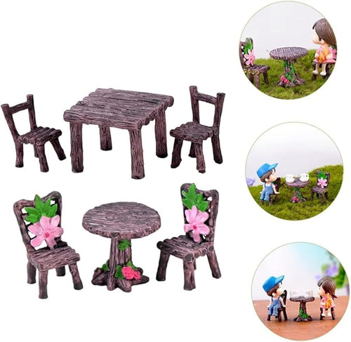 1Set Miniature Furniture Set, Mini Table and Chairs, Wooden Garden Decor for Tiny Houses, Micro Landscape Dollhouse Accessories