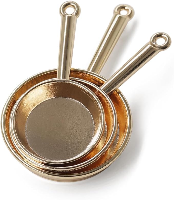 Odoria Dollhouse Frying Pan Miniature: 1/12 Scale Skillet Cookware for Kitchen Restaurant - Mini Kitchenware Cooking Utensils Metal Golden 3Pcs