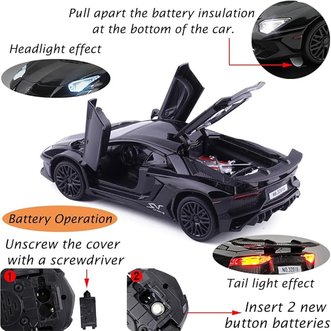 Alloy Collectible Black Aventador Toy Car Model Pull Back Die-Cast Vehicle with Lights and Sound