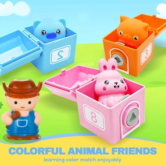 BOLZRA Farm Animals Train Toy for Toddlers 1 2 3 4 Years Old, Counting, Matching, Sorting Montessori Learning Toy with 11 Finger Puppets, Keys, Barns, Educational Christmas Birthday Gift for Kids