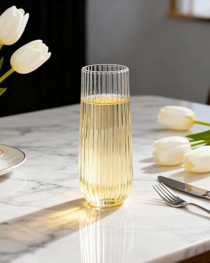Ciaell 48PCS Plastic Ribbed Champagne Flutes - 9oz Clear Plastic Champagne Glasses - BPA-Free Disposable Shatterproof Toasting Glasses for Weddings, Party, Catering