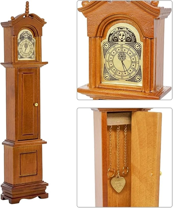 Minamzee 1:12 Dollhouse Furniture Accessories Set, 3Pcs Victorian Miniature Grandfather Clock, Vintage Phonograph, Round Side Table Mini House Decoration for Living Room, Bedroom, Kitchen,Home Office