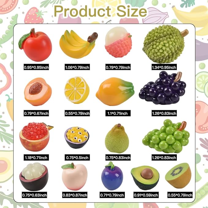 Mini Mixed Fruits 17Pcs, Artificial Fruit Miniature Resin Fruits Figurines Mini Fruit Models for Mini Kitchen Scene House Store Display Decoration